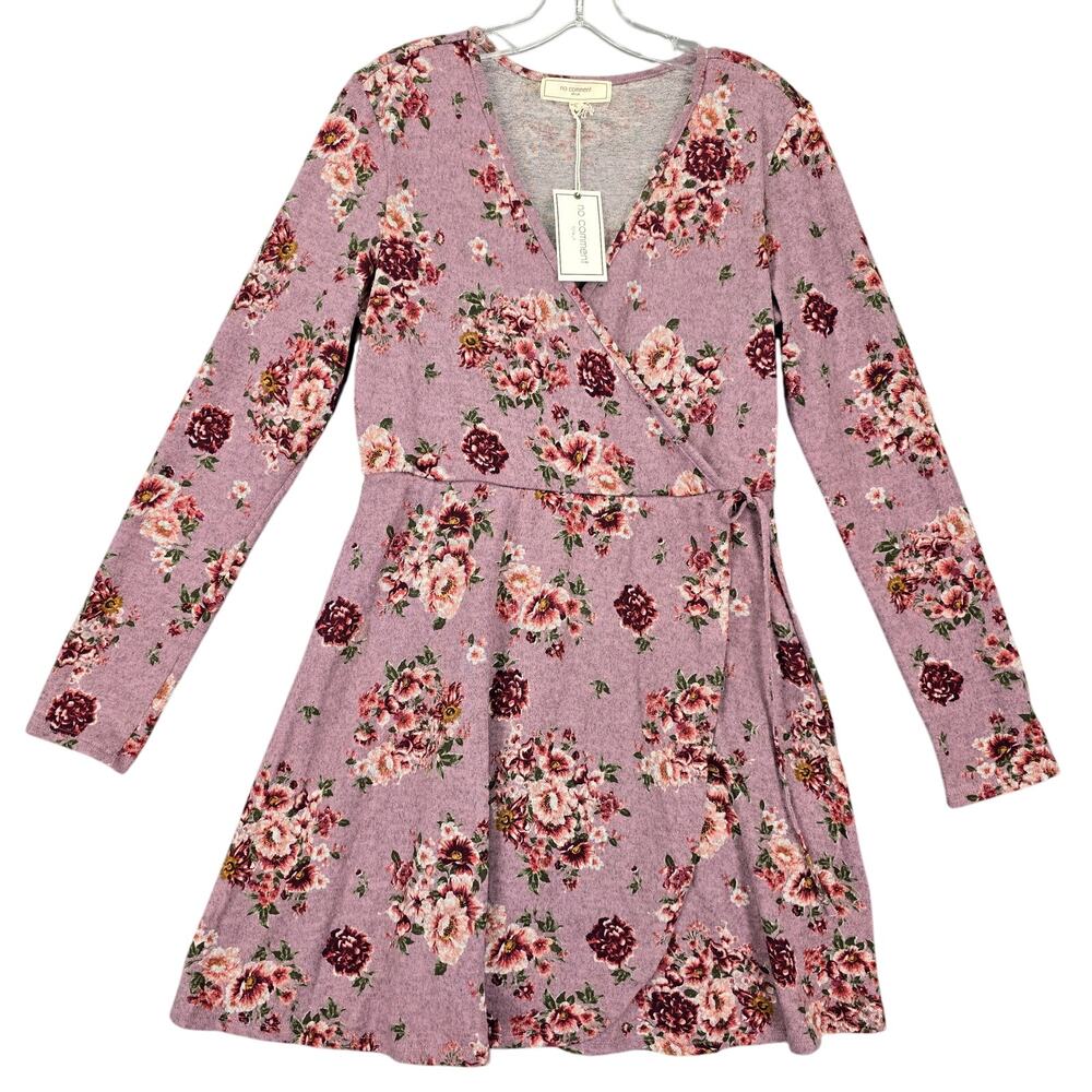 No Comment Purple Floral Mini Dress NEW Stretch Long Sleeves Aline Women Size XL